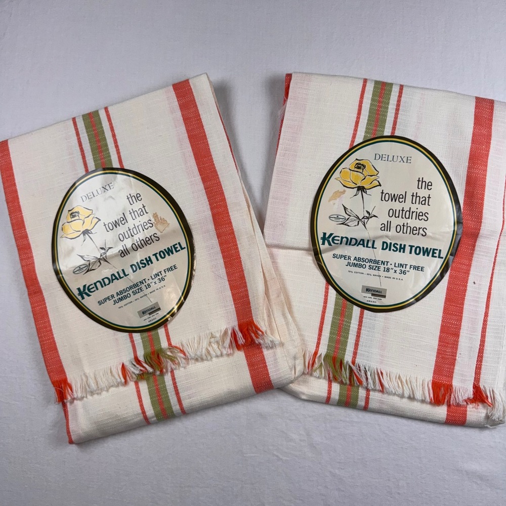 Kendall Dish Towel 18x36 White Orange Green Vintage Striped Fringed 2pc Retro